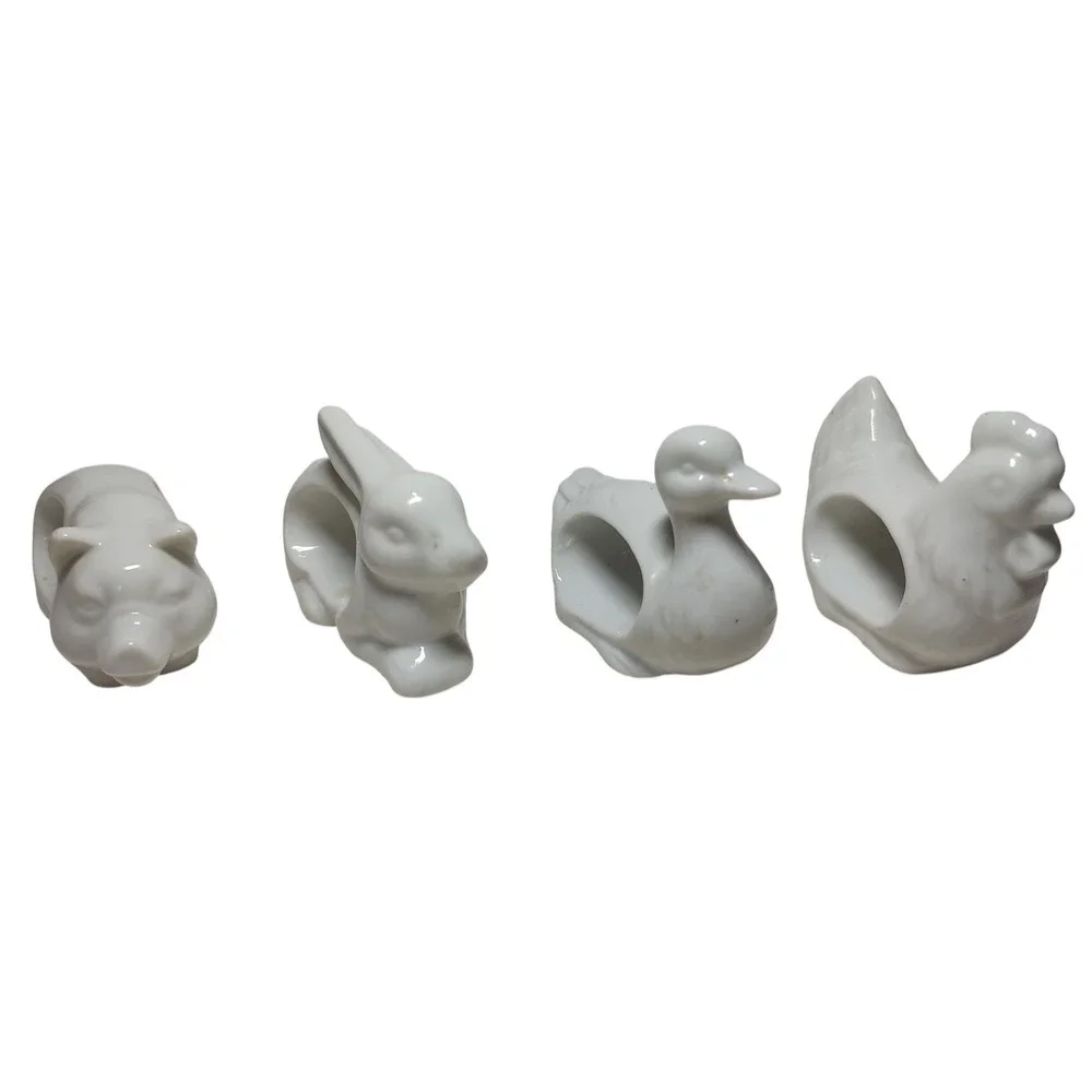 Vintage Animal Napkin Rings‎ White Porcelain Japan Duck Chicken Rabbit Pig Set